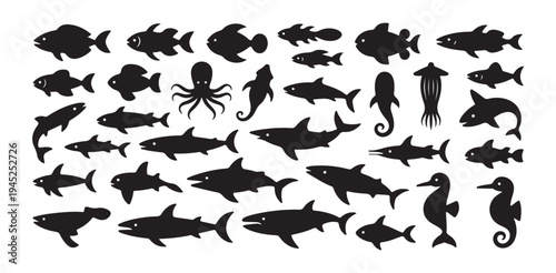 Ocean predators and fish silhouette collection featuring sharks octopus seahorse and aquatic life