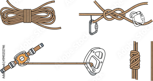 Essential illustration displaying various climbing rope management techniques knots and crucial safety hardware configurations