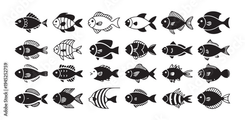 Tropical coral reef fish icons collection with various patterned species in black and white style