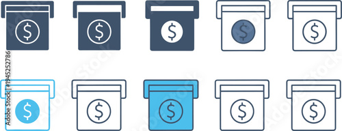 ATM cash withdrawal icon set, dollar money deposit machine vector illustration, financial banking transaction elements, automated teller machine, line art.