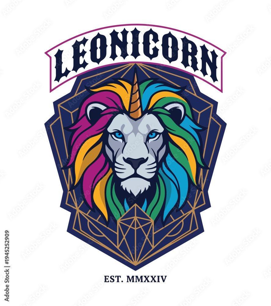Obraz premium Colorful artistic lion with a unicorn horn vibrant design featuring blue eyes and rainbow mane isolated on transparent background T-shirt Design