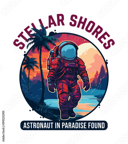 Colorful astronaut walking on paradise shores surrounded by palm trees and mountains with a sunset background depicting an adventurous theme for modern art lovers T-shirt Design
