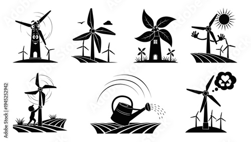 A diverse set of wind turbine illustrations, showcasing them in various contexts from playful characters to ecological symbols