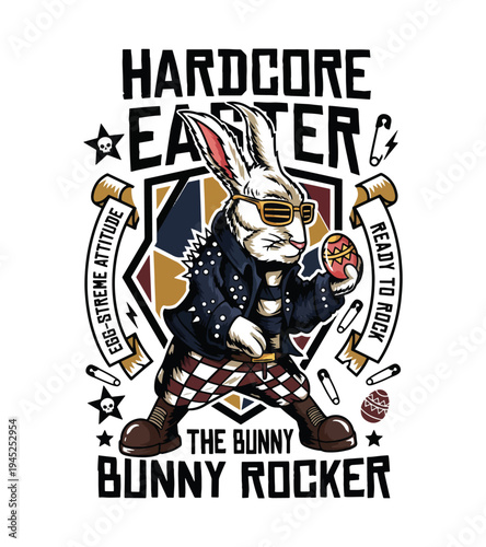 Cool and edgy bunny rocker character dressed in leather jacket with sunglasses holding an Easter egg in a vibrant style for festive designs and celebrations T-shirt Design