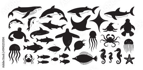 Diverse array of detailed black silhouette icons depicting many different marine mammals and fish