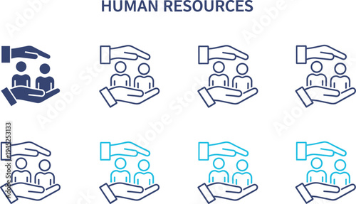 Human resources icon set, employee care protection vector illustration, people management insurance, workforce support, hiring recruitment, career development, blue line art.
