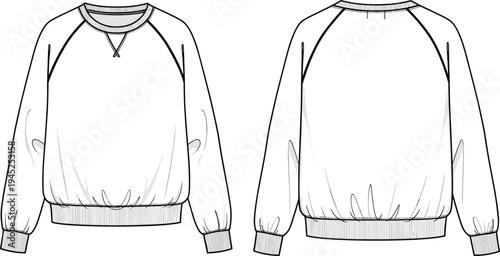 Crew neck sweatshirt technical fashion design with raglan sleeves front and back view cad drawing flat vector illustration