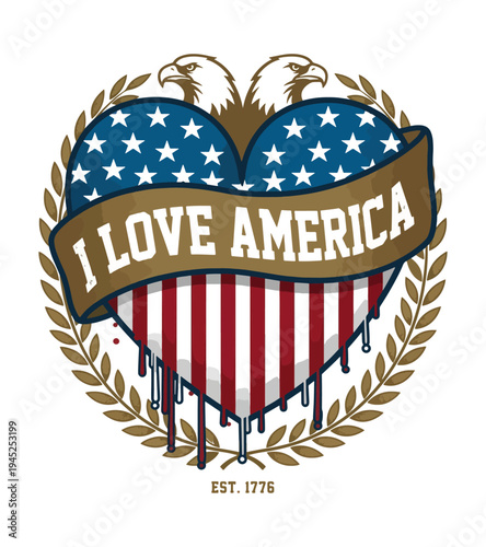 Heart shaped T-shirt design  featuring American flag colors and symbols expressive of love for America with an artistic flair for patriotic themes T-shirt Design