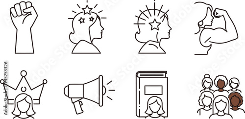 This collection of vibrant line art icons represents various aspects of women's empowerment, strength, intelligence, and unity in a modern style.