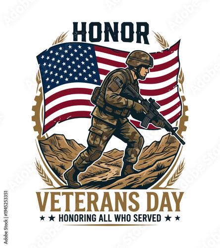 Patriotic soldier T-shirt design  graphic  for Veterans Day celebration honoring those who served with American flag symbolizing bravery and commitment in military service  T-shirt Design