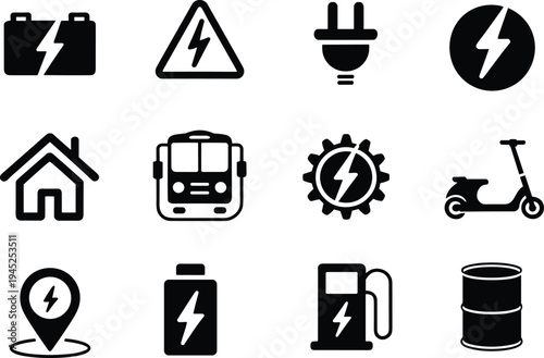 Black and white of electric vehicles, batteries, and energy sources battery