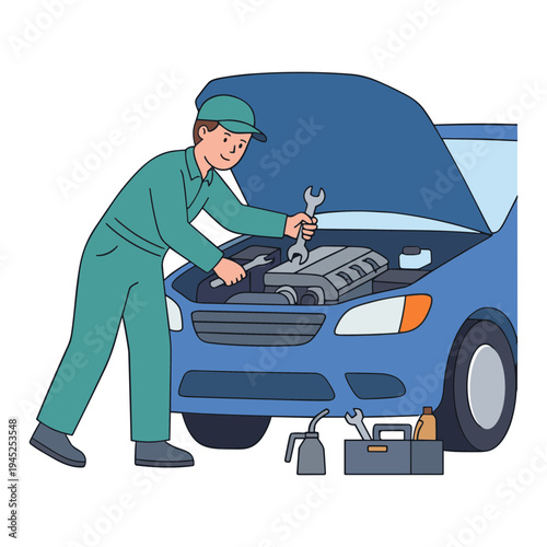 Mechanic repairing blue car engine with tools outside on a sunny day