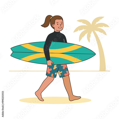 Woman walks on beach with surfboard under arm past palm tree