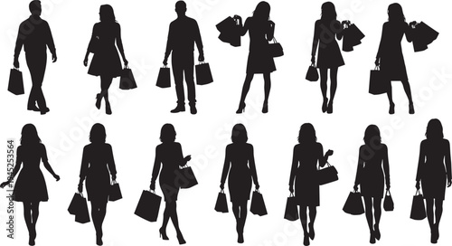 Shopping people silhouette set, men and women carrying bags walking, retail customer group, fashion buyers isolated, consumerism commerce vector illustration, black.