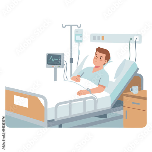 A man lies in a hospital bed with medical equipment surrounding him indoors.