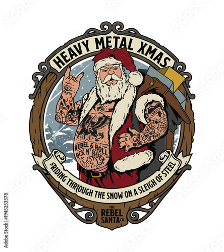 Tattooed Santa Claus T-shirt design character celebrating heavy metal expression enjoying the festivities and sleigh rides through the snow with rebellious attitude T-shirt Design