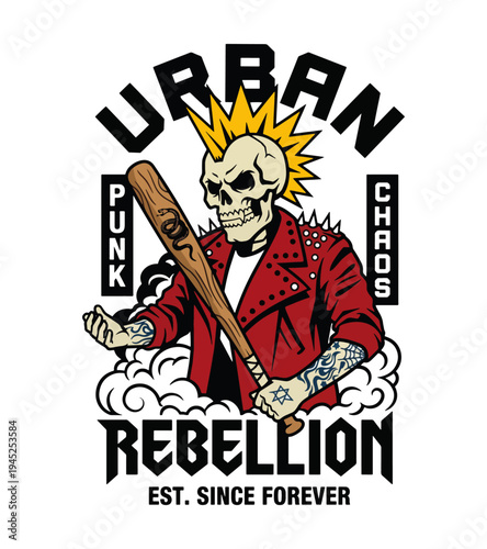 Urban punk chaos rebellion T-shirt design  artwork featuring a skull with a mohawk wearing a spiked jacket holding a baseball bat surrounded by stylized clouds and dynamic text elements T-shirt Design