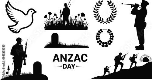 Black and white silhouettes of soldiers and symbols for anzac day