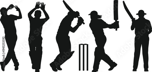 Cricket players silhouettes in action poses with bat and ball isolated on white background, sports competition vector illustration set