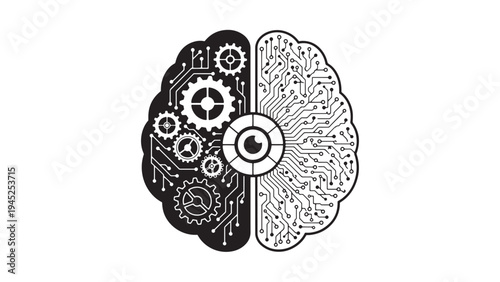 Artificial intelligence brain with gears and circuits vector illustrating machine learning systems and cognitive computing technology