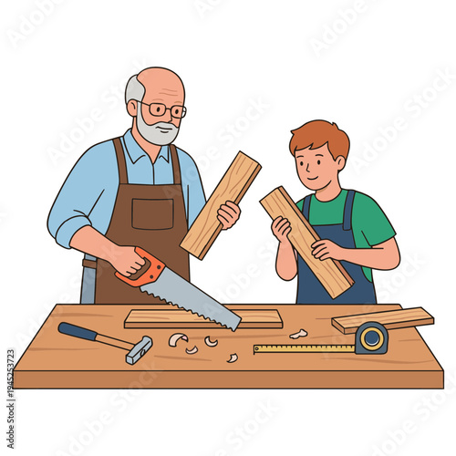 A man and a boy are working together in a workshop sawing wood