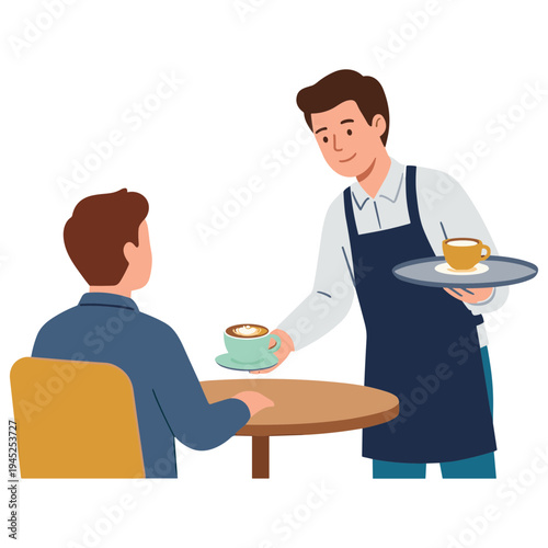 A waiter serves coffee to a customer sitting at a table in a cafe