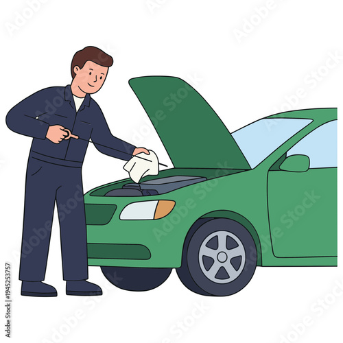 Mechanic inspecting green car engine with tool and cloth outdoors