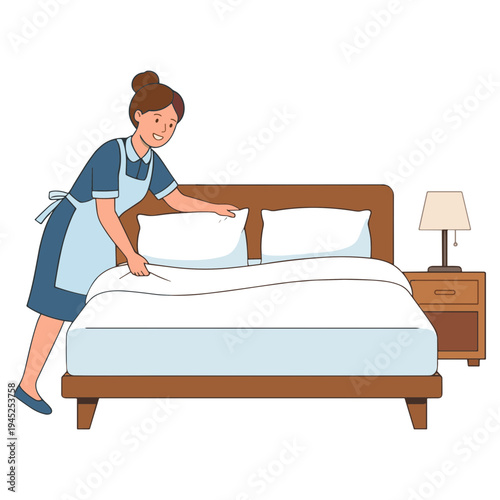 A woman in a blue uniform is making the bed with white sheets in a room.