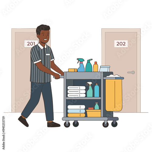 Man pushing cleaning cart with supplies through hotel corridor