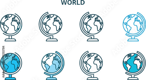 World globe icon set, earth map planet geography vector illustration, global network communication travel atlas navigation web design elements, blue line art.