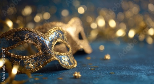 Elegant masquerade masks adorned with gold, sparkling bokeh, and confetti on a blue surface