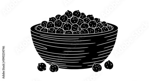 Hand-drawn illustration of a bowl filled with chickpeas, with a few scattered around.