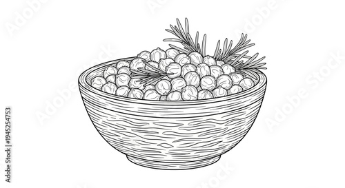 Hand-drawn illustration of a bowl of peas with rosemary sprigs, vintage style