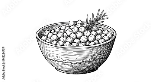 Hand-drawn illustration of a bowl of chickpeas with rosemary sprig