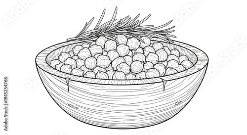 Hand-drawn illustration of chickpeas in a wooden bowl with rosemary sprig, healthy food concept