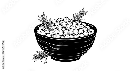 Hand-drawn illustration of chickpeas in a bowl with rosemary sprigs, black and white