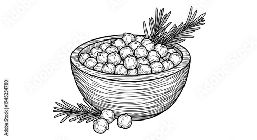Hand-drawn illustration of chickpeas in a wooden bowl with rosemary sprigs, black and white sketch.