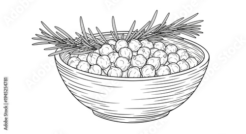 Hand-drawn illustration of a bowl of berries with rosemary sprigs, black and white sketch