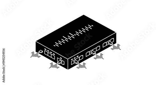 Isometric network switch with multiple ports and indicator lights, black and white illustration
