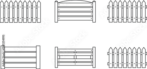 Minimal wooden fence set illustration collection, black outline garden barrier icons isolated on white background, simple picket fence designs for landscaping, yard boundary, and outdoorr 