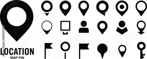 Collection of black and white location map pin with various symbols and shapes