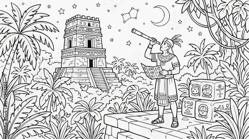 Coloring page for children - a Mayan astronomer studying the stars at a stone observatory