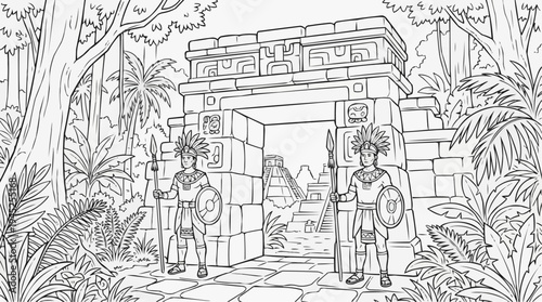 Coloring page for children - Mayan warriors stand guard at the stone gates of a city in the middle of a tall jungle