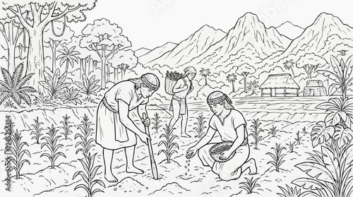 Coloring page for children - Mayan farmers planting corn in a tropical field
