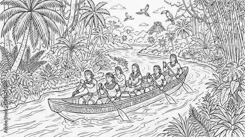 Coloring page for children - a Mayan canoe floats down the river through the jungle