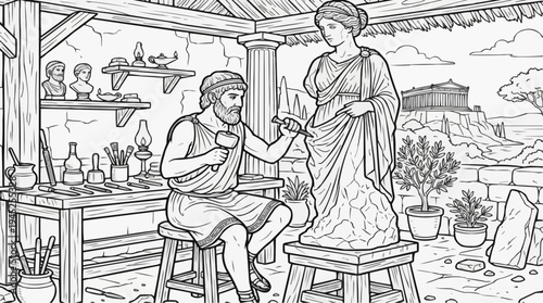 Coloring page for children - an ancient Greek sculptor carving a marble statue in an open workshop