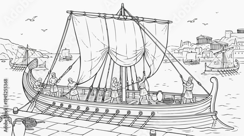 Coloring page for children - sailors from Ancient Greece are preparing a large sail in the harbor next to ancient ships