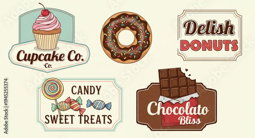 Sweet Treats Collection - Cupcake, Donut, Candy, and Chocolate Logos.