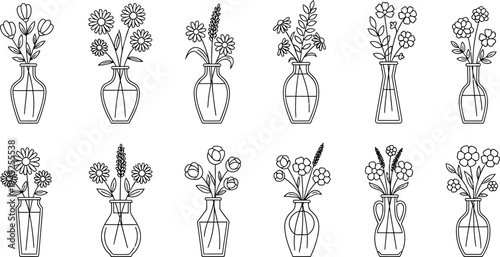 Minimalist line art collection of various flowers in different vases, black and white.