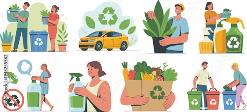Eco lifestyle and recycling concept set, people sorting waste plants reusable products sustainable living vector illustration collection